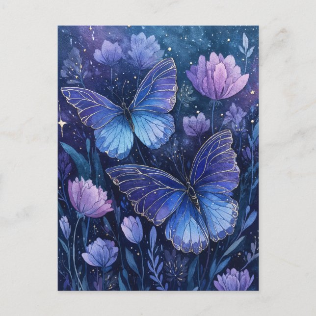 Blue and Purple Butterfly in Starry Floral Garden Postkarte (Vorderseite)