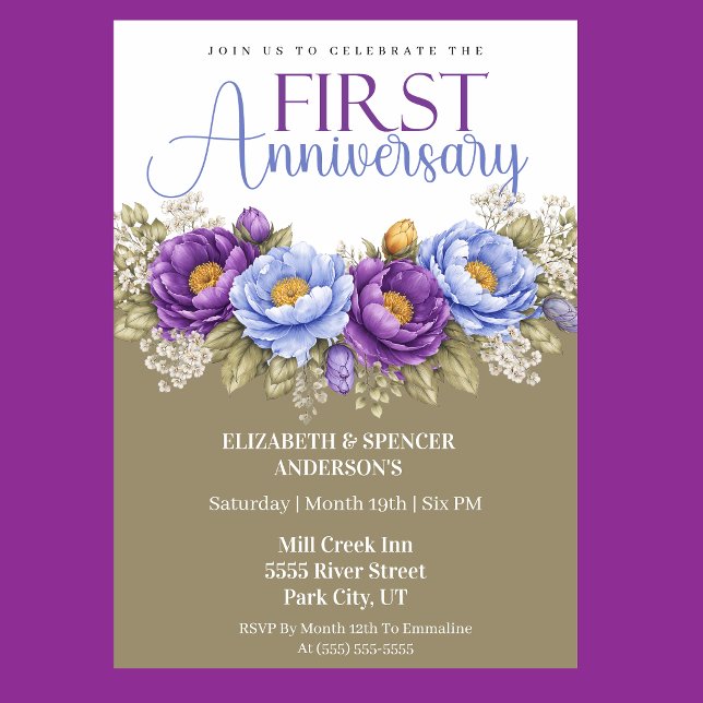 Blue and Purple Peony 1st Wedding Anniversary Einladung (Elegant blue and purple peony floral 1st wedding anniversary invitation)