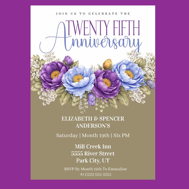 Blue and Purple Peony 25th Wedding Anniversary Einladung (Elegant blue and purple peony floral 25th wedding anniversary invitation)
