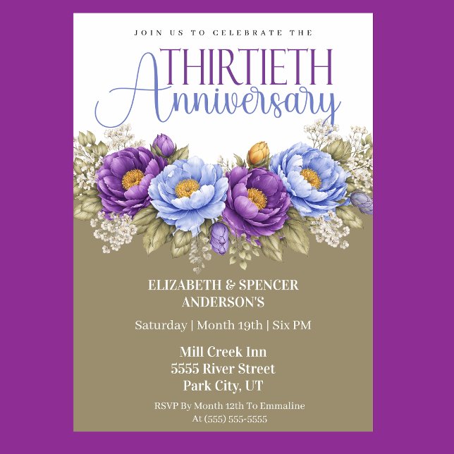 Blue and Purple Peony 30th Wedding Anniversary Einladung (Elegant blue and purple peony floral 30th wedding anniversary invitation)