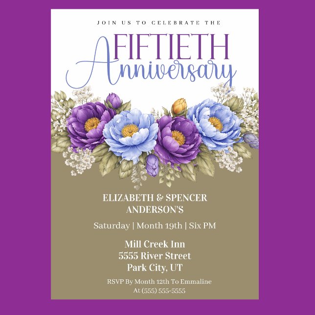 Blue and Purple Peony 50th Wedding Anniversary Einladung (Elegant blue and purple peony floral 50th wedding anniversary invitation)
