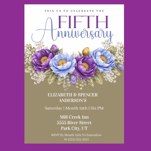 Blue and Purple Peony 5th Wedding Anniversary Einladung (Elegant blue and purple peony floral 5th wedding anniversary invitation)