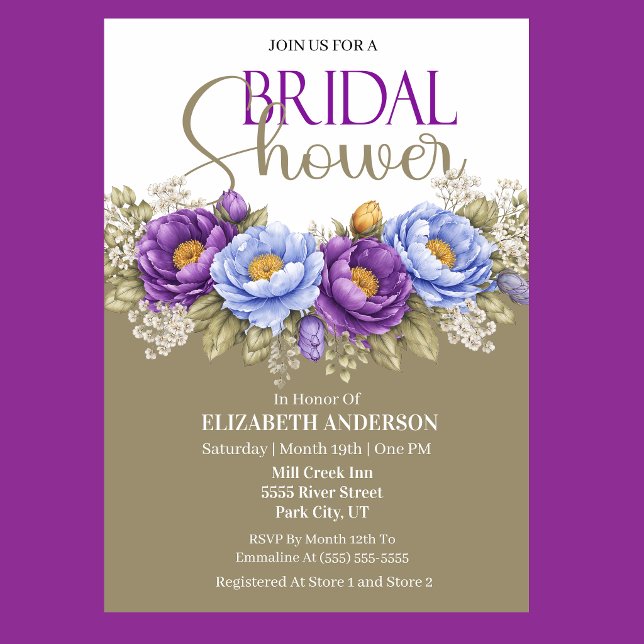 Blue and Purple Peony Bridal Shower Einladung (Elegant blue and purple peony floral bridal shower invitation)