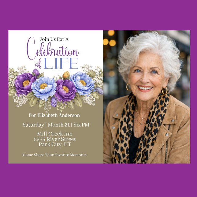 Blue and Purple Peony Celebration Of Life Einladung (Elegant blue and purple peony floral celebration of life invitation)