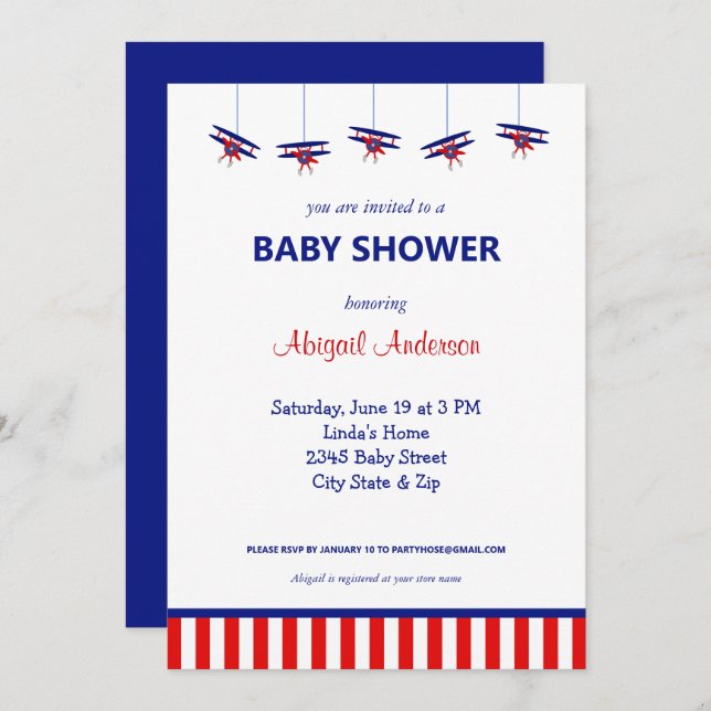 Blue and Red Airplane Stripe Baby Showdusche Invit Einladung (Vorne/Hinten)