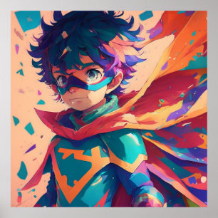 Blue and Red Anime Superhero Boy Poster