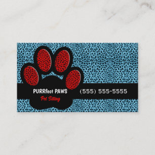 Blue and Red Cheetah Print Custom Paw Pet Sitter Visitenkarte