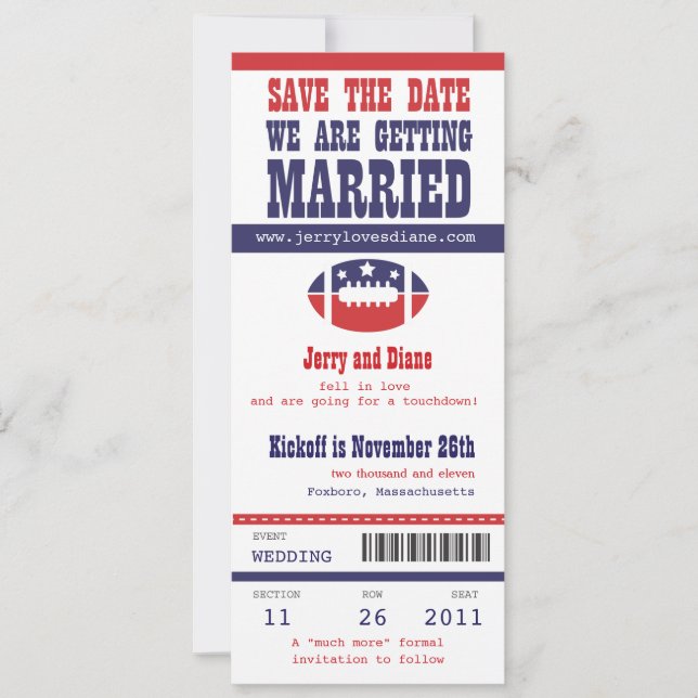 Blue and Red Football Ticket Wedding Save the Date (Vorderseite)