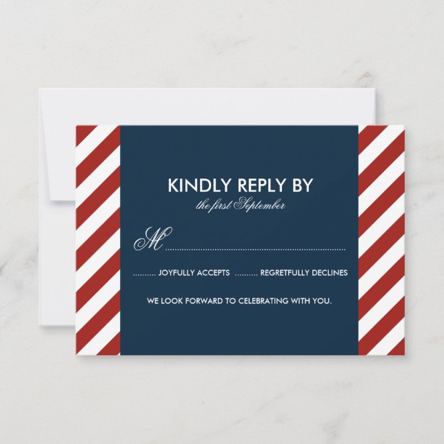 Blue and Red Nautical Stripes Wedding RSVP Card Karte (Vorderseite)