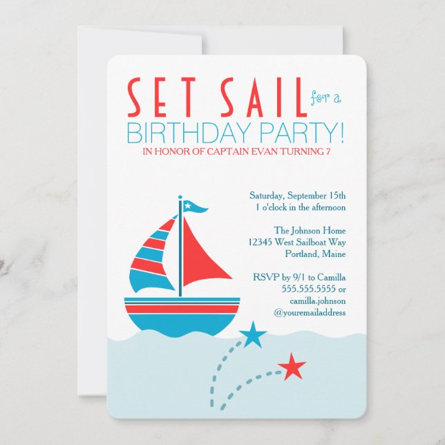 Blue and Red Sailboat Nautical Birthday Einladung (Vorderseite)