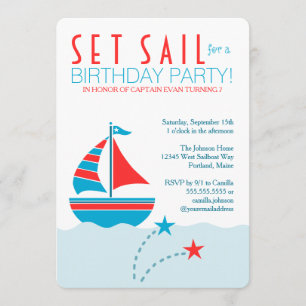 Blue and Red Sailboat Nautical Birthday Einladung