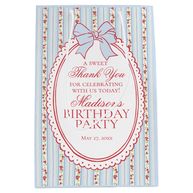 Blue and Red Vintage Fancy Floral Birthday Favors Mittlere Geschenktüte (Vorderseite)