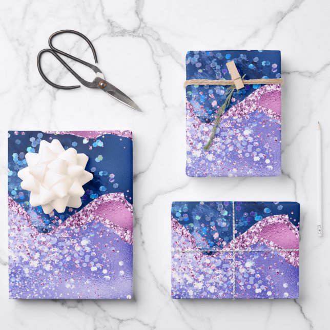 Blue and Rose Gold Glitzer Agate Geschenkpapier Set (Vorderseite)