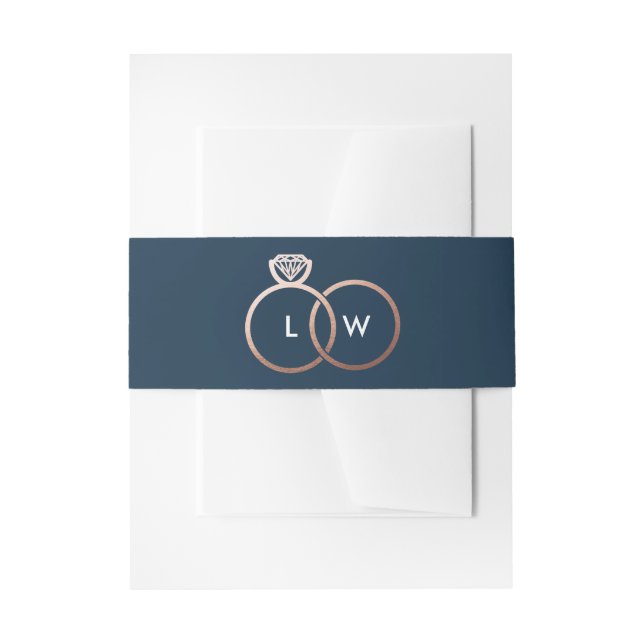 Blue and Rose Gold Wedding Ring Monogram Einladungsbanderole (Vorderseite Beispiel)