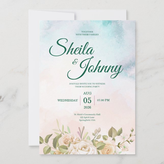 Blue and Salmon Pastel Elegance Wedding Invitation Einladung (Rückseite)