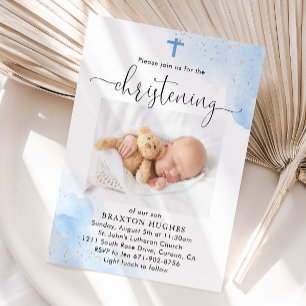 Blue and Silver Boy Christening Taufe Einladung