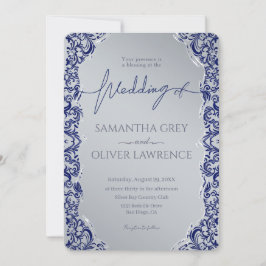 Blue and Silver Damask Einladung