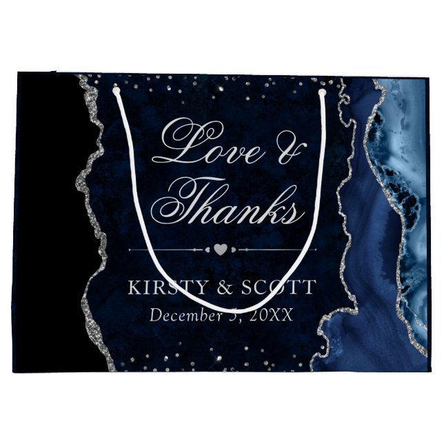 Blue and Silver Glitzer Agate Wedding Große Geschenktüte (Rückseite)