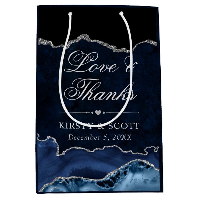 Blue and Silver Glitzer Marble Agate Wedding Mittlere Geschenktüte (Vorderseite)