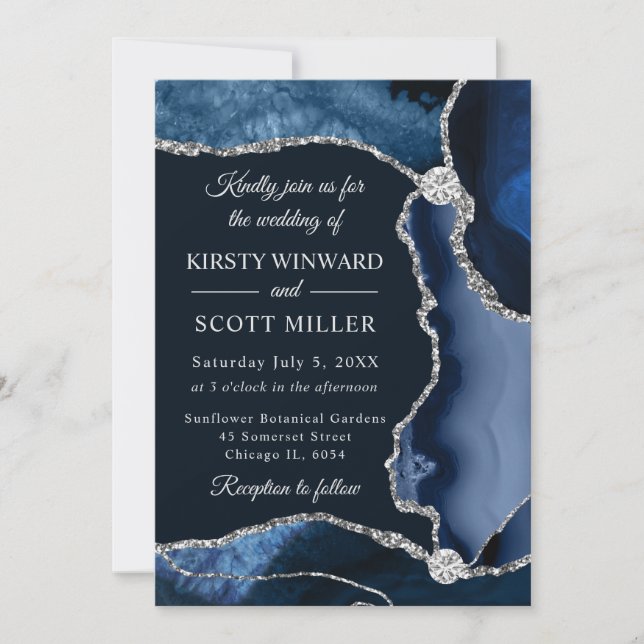 Blue and Silver Imitats Glitzer Agate Wedding Einladung (Vorderseite)