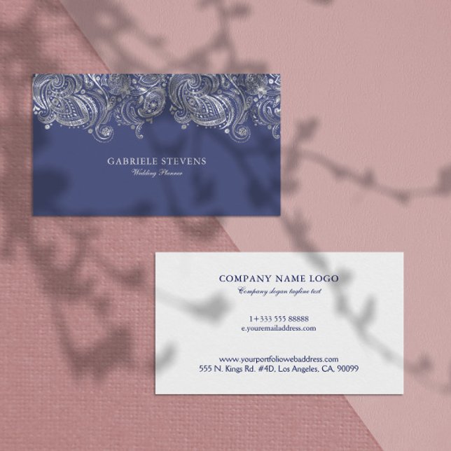 Blue and Silver Paisley Wedding Planner Visitenkarte (Von Creator hochgeladen)