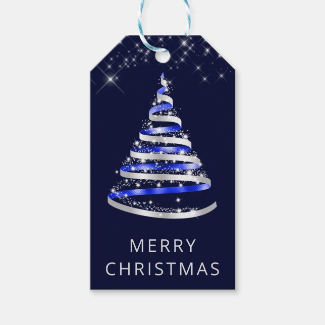 Blue and Silver Ribbon & Glitzer Weihnachtsbaum Geschenkanhänger (Vorderseite)
