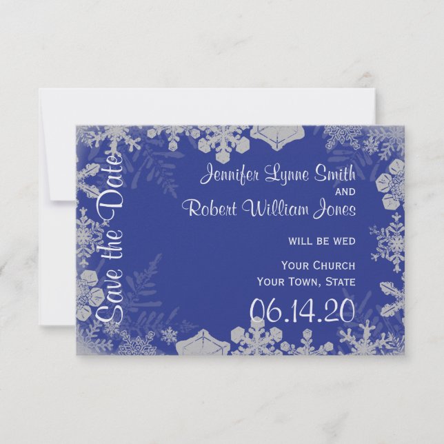 Blue and Silver Snowflake Wedding Save the Date (Vorderseite)
