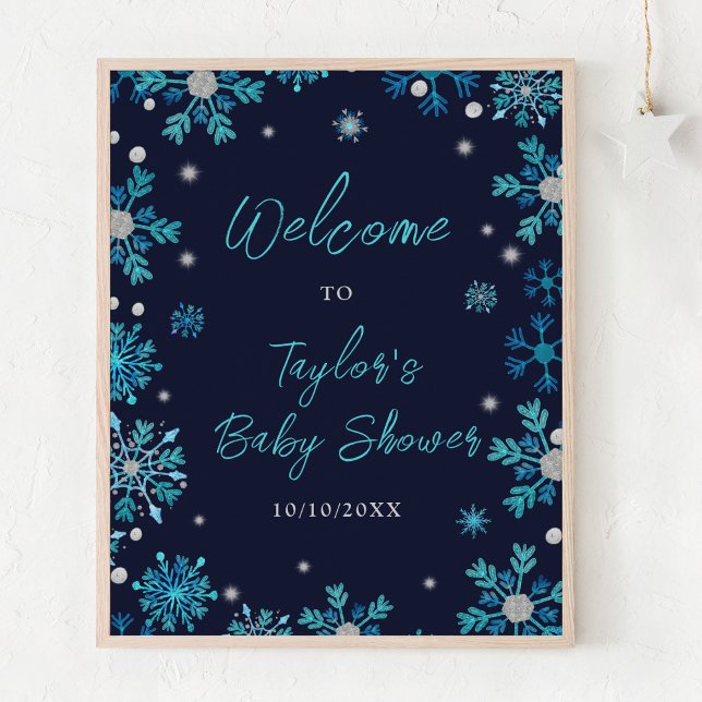 Blue and Silver Snowflakes Baby Dusche Willkommen Poster (Von Creator hochgeladen)