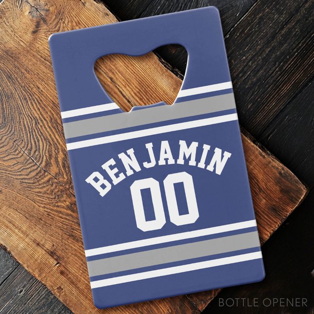 Blue and Silver Sports Jersey Individuelle Name Nu Geldbeutel Flaschenöffner (Custom Bottle Opener - Card Style)