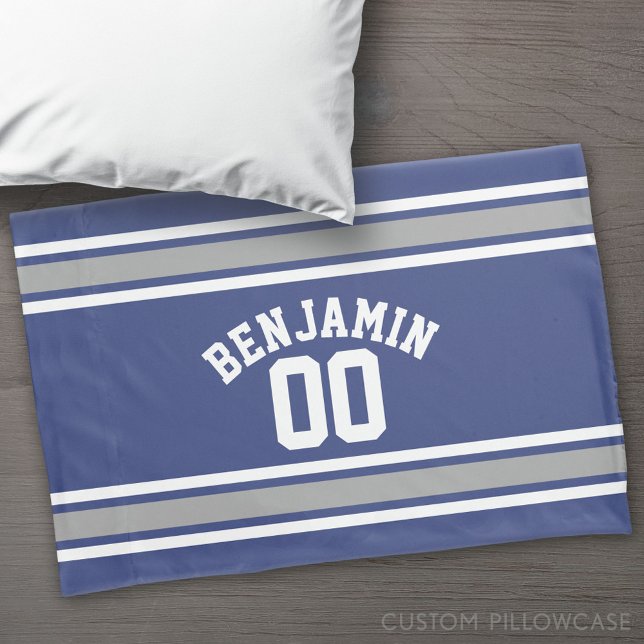 Blue and Silver Sports Jersey Individuelle Name Nu Kissenbezug (Custom Pillowcase)