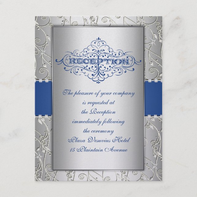 Blue and Silver Swirt Wedding Reception Card Begleitkarte (Vorderseite)