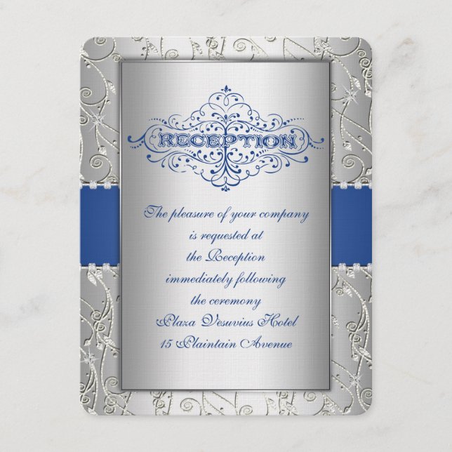 Blue and Silver Swirt Wedding Reception Card Begleitkarte (Vorderseite)