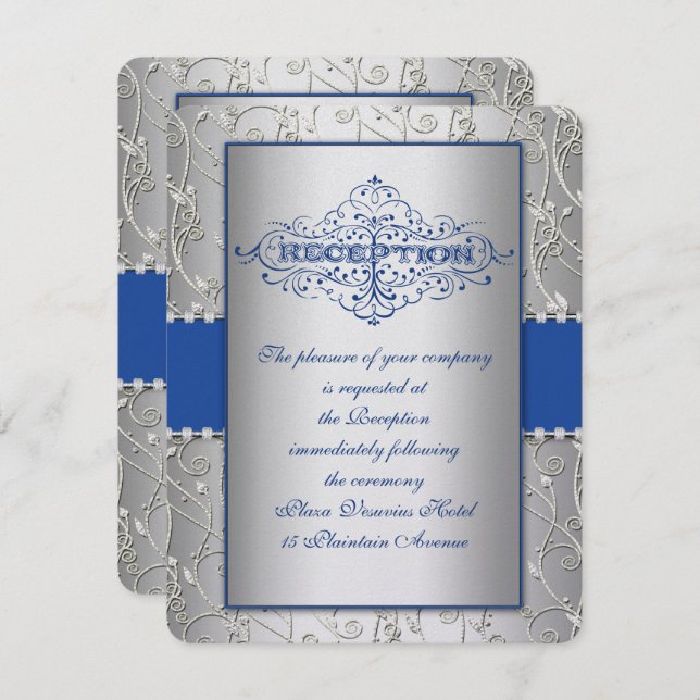 Blue and Silver Swirt Wedding Reception Card Einladung (Vorne/Hinten)