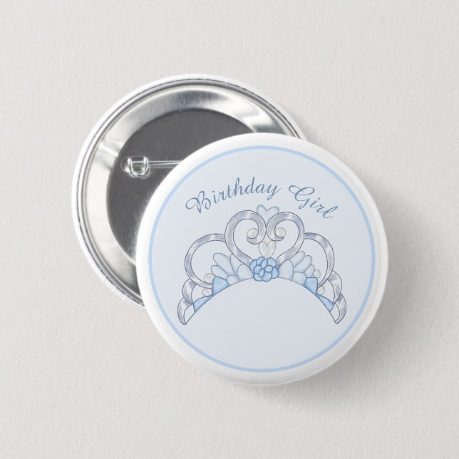 Blue and Silver Tiara Birthday Girl Button (Vorne & Hinten)