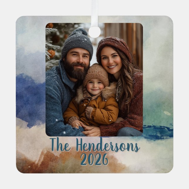 Blue and Terracota Foto Holiday Ornament Aus Metall (Vorderseite)