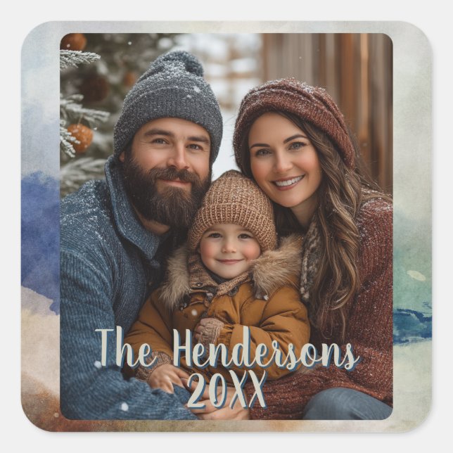 Blue and Terracota Foto Holiday Quadratischer Aufkleber (Vorderseite)