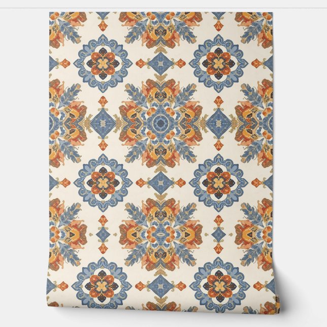Blue and Terracotta Vintage Mediterranean Floral Tapete (Abrollen)