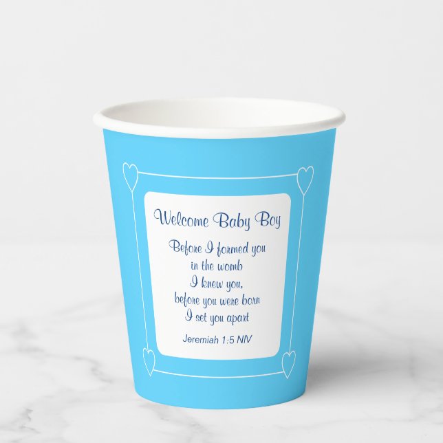 Blue and White Baby Boy Dusche Party Bible Verse Pappbecher (Vorderseite)