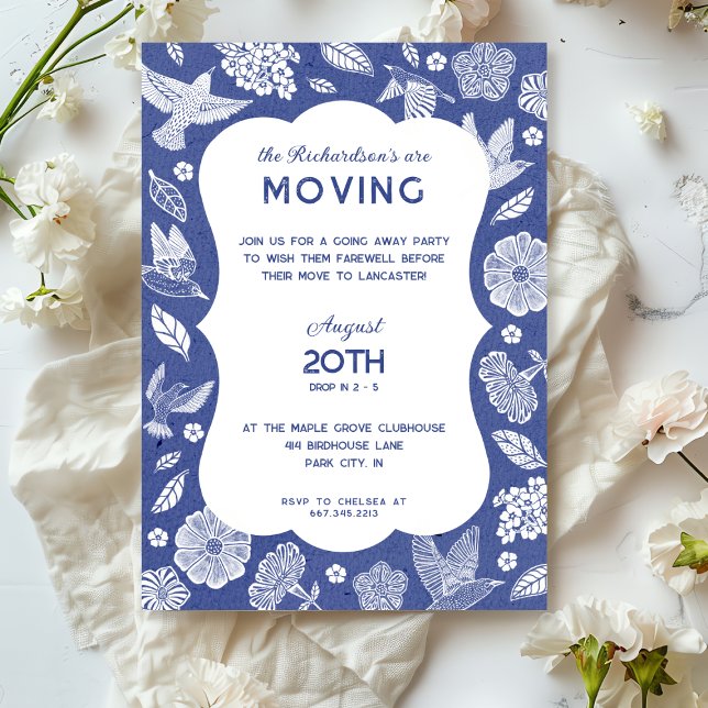Blue and White Birds Moving Away Party Invitation Einladung (Von Creator hochgeladen)