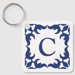 Blue and White Blue Scroll Frame Monogram Schlüsselanhänger