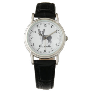 Blue and White Boston Terrier Cartoon Dog & Name Armbanduhr