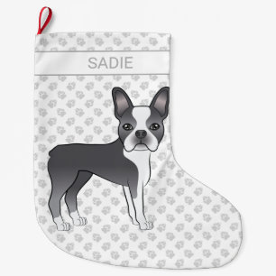 Blue and White Boston Terrier Cartoon Dog & Name Großer Weihnachtsstrumpf