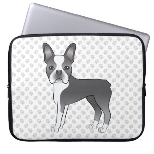 Blue and White Boston Terrier Cartoon Dog & Paws Laptopschutzhülle