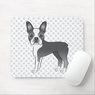 Blue and White Boston Terrier Cartoon Dog & Paws Mousepad