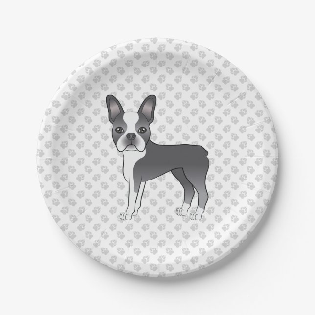 Blue and White Boston Terrier Cartoon Dog & Paws Pappteller (Vorderseite)