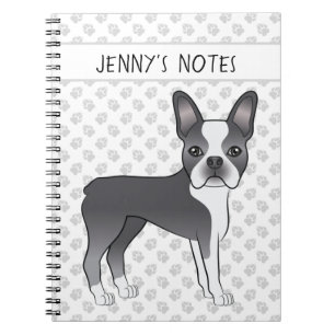 Blue and White Boston Terrier Cartoon Dog & Text Notizblock