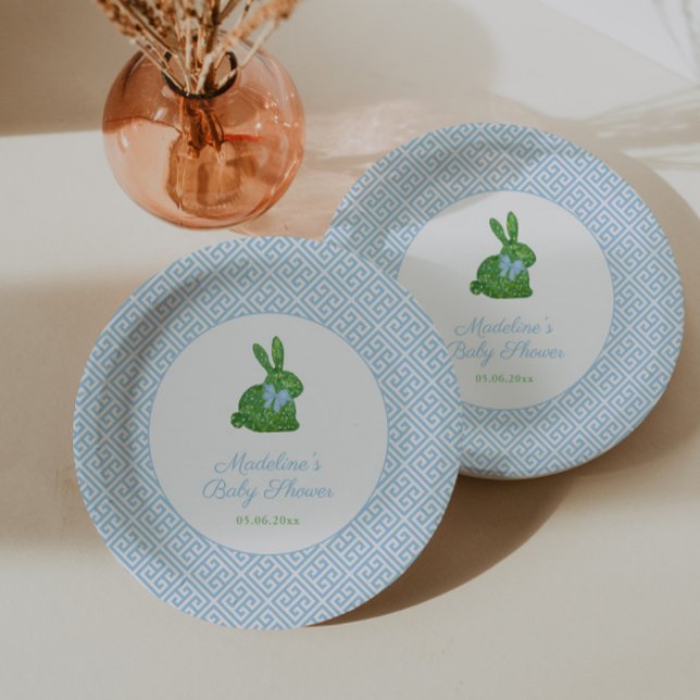 Blue and White Boxwood Bunny Boy Baby Dusche Party Pappteller (Preppy blue and white boxwood bunny baby boy shower or boy 1st birthday baptism party paper plates)