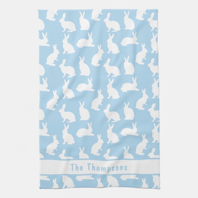 Blue And White Bunny Pattern And Name Easter Geschirrtuch (Vertikal)