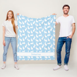 Blue And White Bunny Pattern Cute Rabbits And Name Fleecedecke