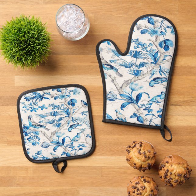 Blue and White Chinoiserie Bird Flora Elegante Ofenhandschuh & Topflappen-Set (Oben Unten)